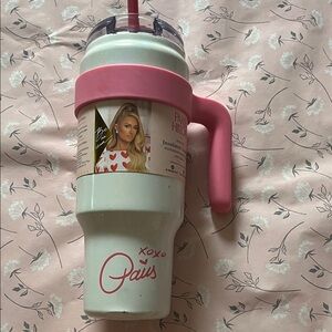 Paris Hilton Insulted Tumbler-Pink and White Insulated Tumbler with Handle